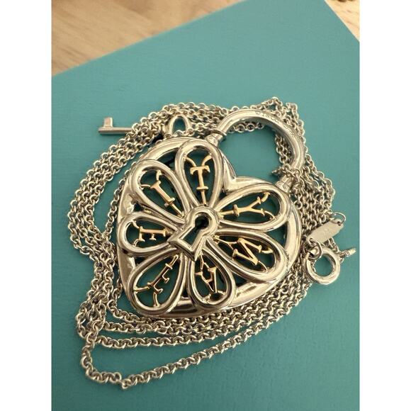 Tiffany Co Silver & 18k Gold Filigree Heart Lock Pendant Necklace W Key 24” 17g - Picture 5 of 16